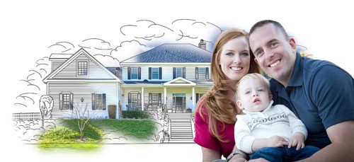 Young military family over house drawing and photo combination on white