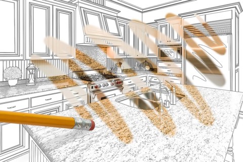 Pencil erasing drawing to reveal finished custom kitchen design photograph