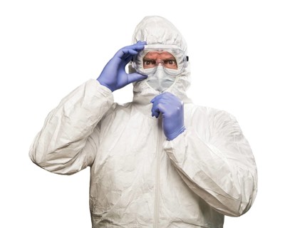 Man with intense expression wearing HAZMAT protective clothing isolated on A white background