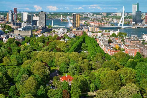 View of Rotterdam city and Het Park and the Erasmus bridge Erasmusbrug over Nieuwe Maas river from Euromast