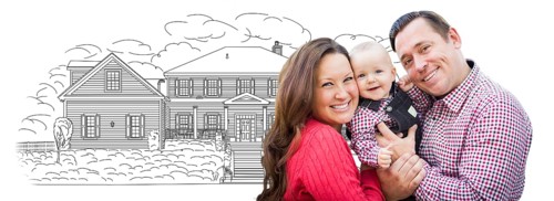 Happy young family with baby over house drawing isolated on a white background