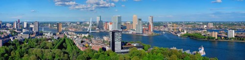 Panorama of Rotterdam city and the Erasmus bridge Erasmusbrug over Nieuwe Maas river from Euromast
