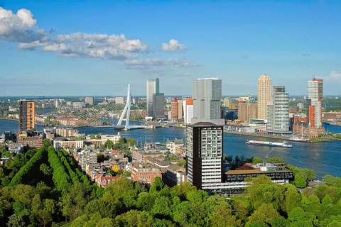 View of Rotterdam city and the Erasmus bridge Erasmusbrug over Nieuwe Maas river from Euromast