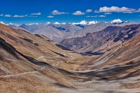 View of Karakorum range and road in valley from Kardung La