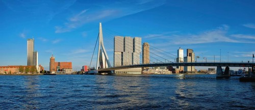 Panorama of Rotterdam cityscape with Erasmus bridge over Nieuwe Maas river on sunset. Netherlands