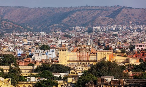 Aerial panorama view of Jaipur town and Hawa Mahal palace