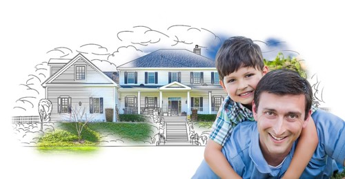 Father and son over house drawing and photo combination on white