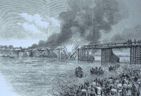 Das Feuer der grossen Oderbruecke in Glogau