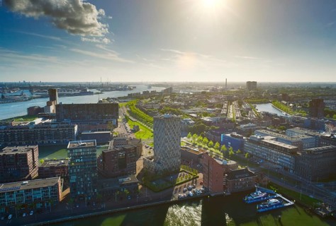 View of Rotterdam port and Nieuwe Maas river on sunset
