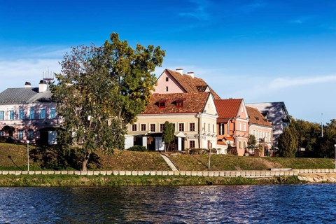 Trinity Suburb medieval part of Minsk view over Svisloch River. Belarus