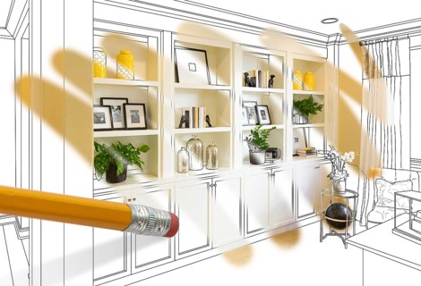 Pencil erasing drawing to reveal finished custom built-in shelf design photograph