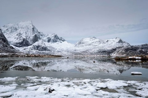 Norwegian fjord in winter. Lofoten islands