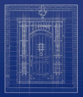 Artist rendering sketch of beautiful luxury residential front door on blue