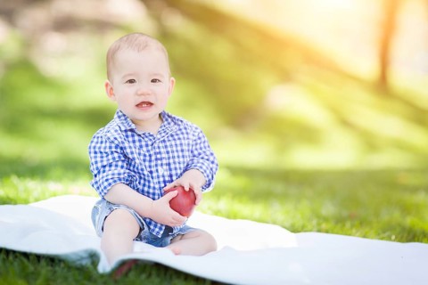 mixed-race infant baby boy sitting on blanket holding apple outside at the park