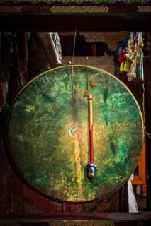Large tibetan drum with beater in Hemis gompa