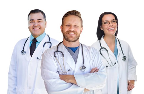 Group of mixed-race male and female doctors of nurses isolated on white background