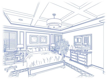Beautiful custom bedroom design drawing in blue isolated on white