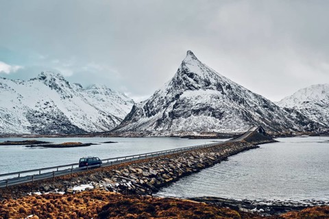 Fredvang Bridges in winter. Lofoten islands