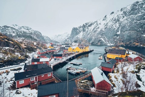 Nusfjord authentic fishing village in winter. Lofoten islands