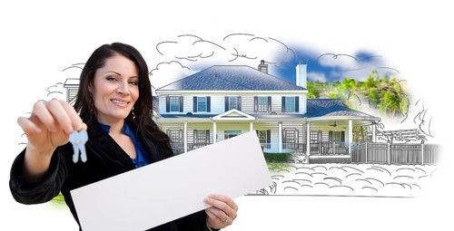 Hispanic woman holding keys and sold sign over house drawing and photo combination on white