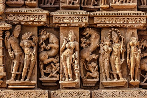 Stone carving bas relief sculptures on Adinath Jain Temple