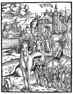 The Trojan Horse. The Greeks mount the wooden horse at the siege of Troy