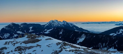 View from Rickhubel near Glaubenberg towards Pilatus with morning atmosphere