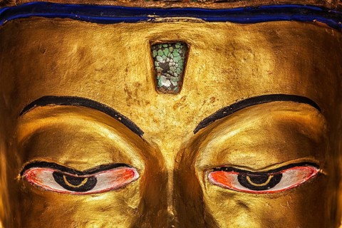 Eyes of Maitreya Buddha in library of Thiksey Gompa. Ladakh