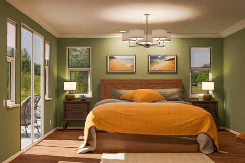 Fully furnished master bedroom interior with bed