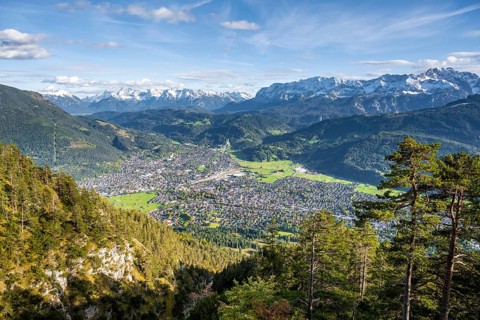 View over Garmisch-Partenkirchen with ski jump and Wetterstein Mountains