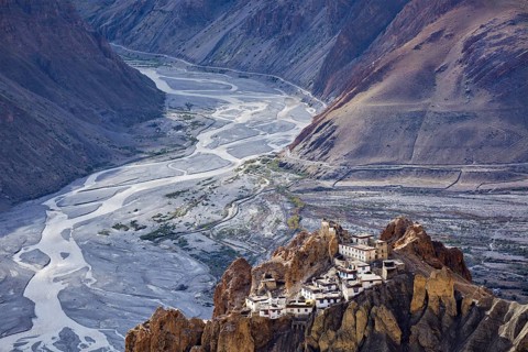 Dhankar monastry perched on a cliff in Himalayas. Dhankar