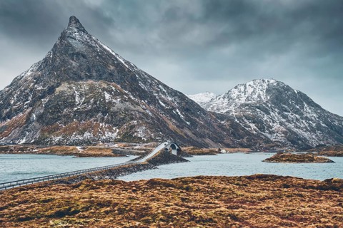Fredvang Bridges in winter. Lofoten islands