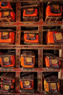 Folios of old manuscripts in library of Thiksey Gompa