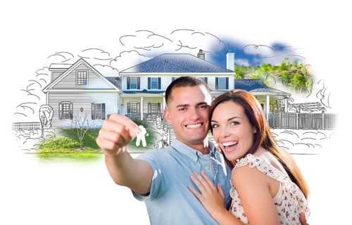 Military couple with keys over house drawing and photo combination on white