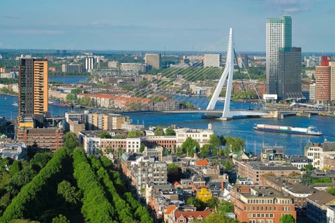 View of Rotterdam city and the Erasmus bridge Erasmusbrug over Nieuwe Maas river from Euromast