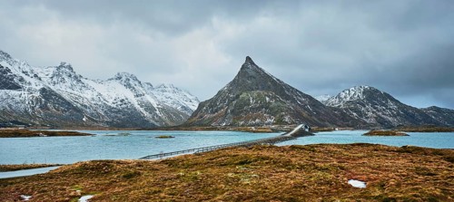 Panorama of Fredvang Bridges in winter. Lofoten islands