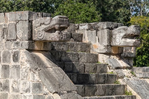 Mayan jaguar figurehead sculptures at the archaeological site in chichen itza