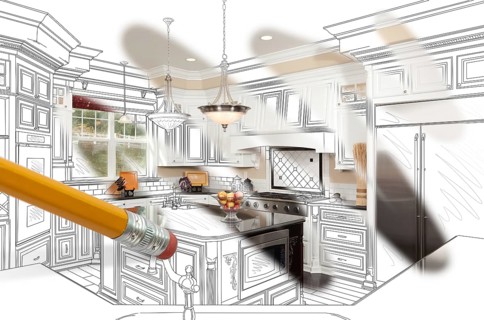 Pencil erasing drawing to reveal finished custom kitchen design photograph