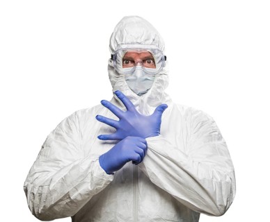 Man with intense expression wearing HAZMAT protective clothing isolated on A white background