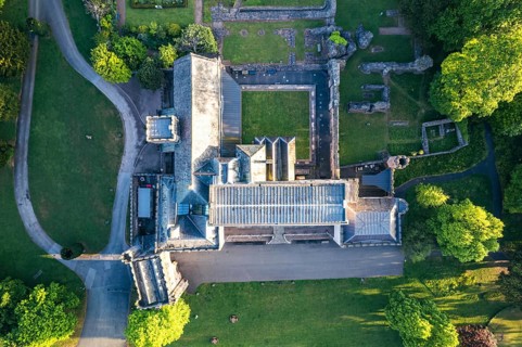 Top Down view over Torre Abbey Castle and Gardens from a drone