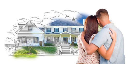 Military couple looking at house drawing and photo combination on white