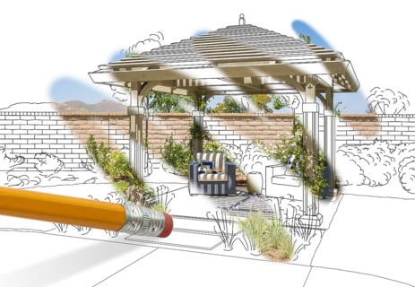 Pencil erasing drawing to reveal finished pergola patio cover design photograph