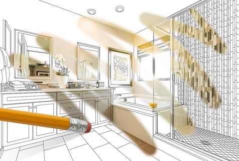 Pencil erasing drawing to reveal finished custom bathroom design photograph
