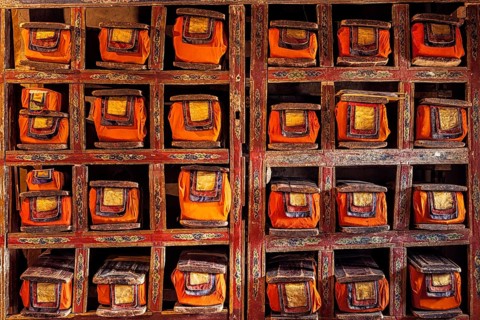 Folios of old manuscripts in library of Thiksey Gompa