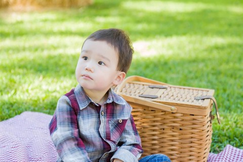 Cute young mixed-race boy sitting in park near picnic basket
