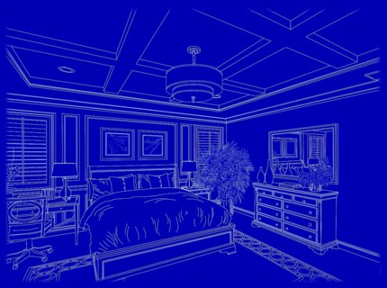 Beautiful custom bedroom design drawing in white on blue background