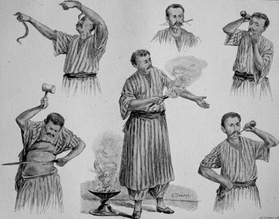 Der unverwundbare Fakir in Panopticon in Berlin. Castans Panoptikum war ein Wachsmuseum in Berlin um 1890