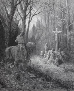 A knight returns to his family praying in front of the cross after the crusade