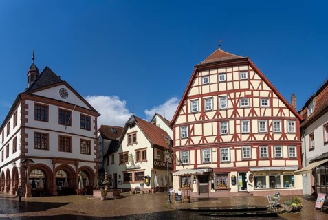 View of the pedestrian zone in the old town of Lohr am Main with half-timbered houses