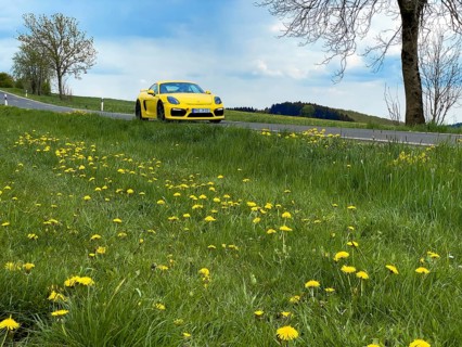 Yellow Porsche GT4 sports car on country road